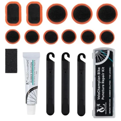 Image of VeloChampion Glue Bike Tyre Puncture Repair Kit with Rubber Solution and Storage Case for All Bicycles; Road, Mountain, Commuter Bikes. 11 Patches. 3 Levers