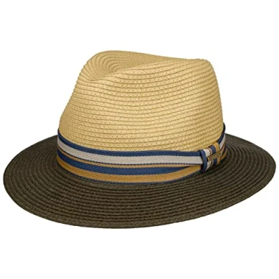 Image of Stetson Romaro Toyo Traveller Straw Hat Men (Viscose) Summer UV Protection 40+ Wide Brim with Striped Ribbon Trim Spring/Summer Olive XXL (62 63 cm)
