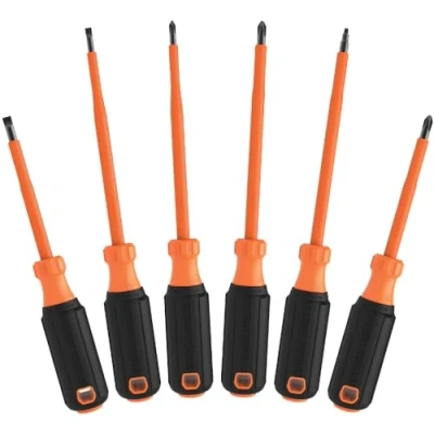 Image of Klein Tools 85076INS Insulated Screwdriver Set Features 1000V Electricial Screwdrivers, (3) Phillips and (2) Slotted Square Tips, 6 Piece
