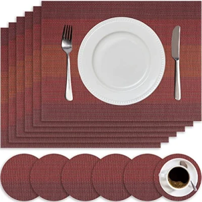 Image of HEYOMART Placemats and Coasters Sets of 6, PVC Vinyl Table Mats Non Slip Heat Resistant Washable Dinner Place for Kitchen Dining Home Restaurant, Red