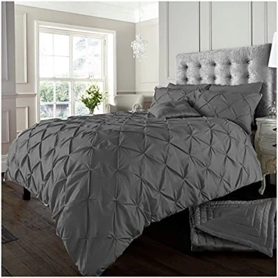 Image of GC GAVENO CAVAILIA Pintuck Single Duvet Cover Set Reversible Pinch Pleat Bedding Polycotton Quilt With Pillowcase Charcoal