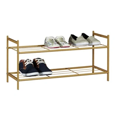 Image of Relaxdays Shoe Rack SANDRA 2 Shelves, Metal Storage Unit, 33.5 x 69.5 26 cm, 6 Pairs of Shoes, Light Brown