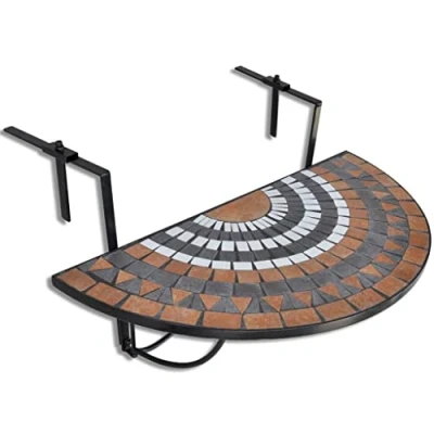 Image of vidaXL Hanging Balcony Table Semi Circular Terracotta, White &amp; Black Mosaic Design Iron Tube Ceramic Finish Foldable Feature Outdoor Side Coffee Table.