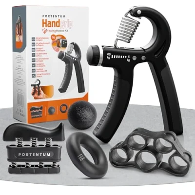 Image of PORTENTUM Hand Grip 6 Piece Set, Adjustable Strengthener, Exerciser, Finger Stretcher, Ring, and Stress Relief Ball
