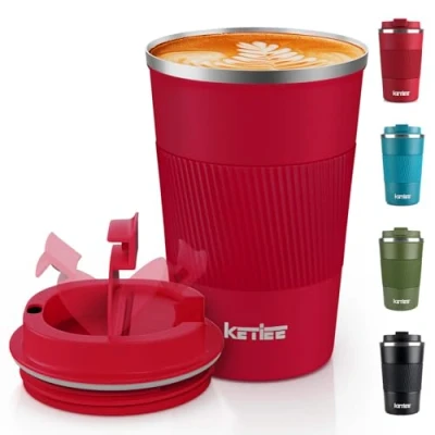 Image of KETIEE Travel Mugs, 380ml Insulated Coffee Cup with Leakproof Lid,Reusable Cups Cup,Coffee Mug,Double Walled Mug,Stainless Steel thermaol Mug for Hot Cold Drinks,Red