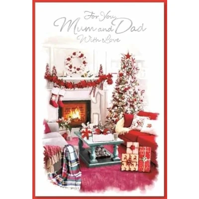 Image of Simon Elvin Mum &amp; Dad Christmas Card Tree Fire Place 23cm x 15.5cm (9&quot; x6&quot;) (549)