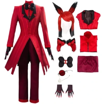 Image of HSJZBQSM Alastor Hazbin Hotel Cosplay Costume with Wig Glasses Red Set Halloween Full (Alastor+Wig, XL)