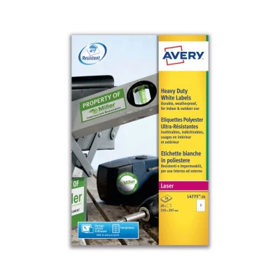 Image of Avery L4775 20 Extra Strong Adhesive Heavy Duty Weatherproof Labels, 1 Label Per A4 Sheet, White
