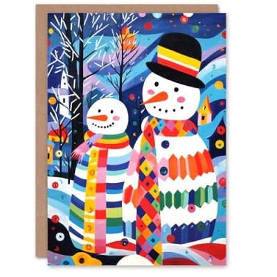 Image of Artery8 Snowman Couple Colourful Folk Art Blank For Him Or Her Xmas Festive Christmas Card