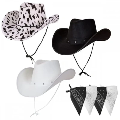 Image of Pack of 3 x Adult Texan Cowboy Hats (1 Black + 1 White Cowprint) 4 Bandanas (2 Black; 2 White) : Wild West Rodeo Cowgirl Music Festival Rock or Pop Tour Fancy Dress Accessory