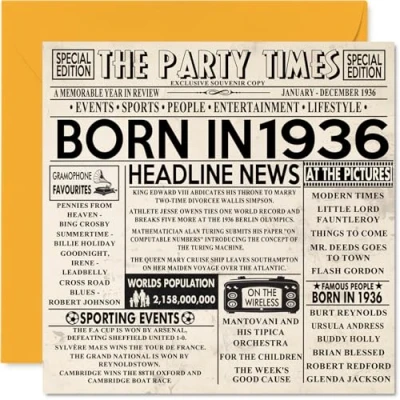 Image of 89th Birthday Cards for Men Women Born In 1936 Newspaper Happy 89 Card Grandad Grandma Nan Vintage Retro Back 1936, 145mm x Eighty Eight Eighth Bday Greeting
