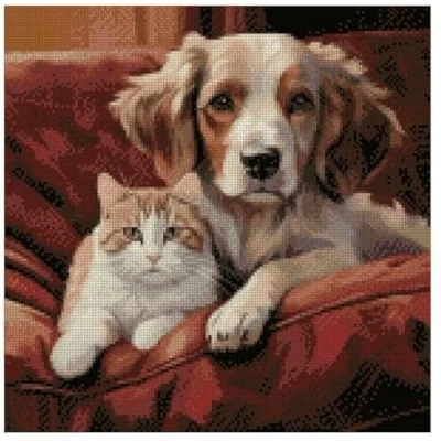 Image of Pal on Sofa Cross Stitch Kits, 14 Count, 150x150 Stitch, 26x26cm, Cats Dogs Counted kit