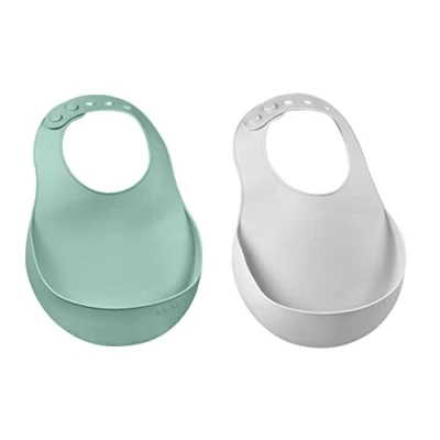 Image of BEABA, Set of 2 Waterproof Silicone Baby Bibs, Adjustable Neckband, Large Food Pocket, Soft, Lightweight, Ultra, Easy to Clean, Sage Green &amp; Light Mist