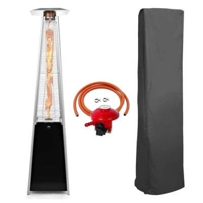 Image of BU KO Outdoor Patio Gas Heater Garden, Camp, BBQ Parties Stainless Steel Pyramid Style 13kw Propane Burner Portable Wheels, Regulator &amp; Hose LPG Warm Heating Fire Water Proof Cover Included
