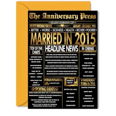 Image of Gold 10th Anniversary Card for Women Men Golden Newspaper Married in 2015 Happy 10 Year Wedding Wife Husband Partner Companion, 5x7 Inch Anniversaries Greeting Cards