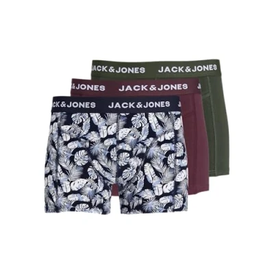 Image of JACK&amp;JONES Men&#039;s JACTREVOR Trunks 3 Pack Boxer Shorts, Navy Blazer/Pack:Vineyard Wine Kombu Green, S