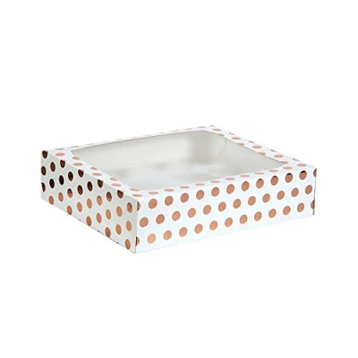 Image of Anniversary House Cupcake Box with Window and Removable 12 Hole Insert, Rose Gold Polka Dot Print, Easy Assembly, 7.5 x 25 31 CM, J105