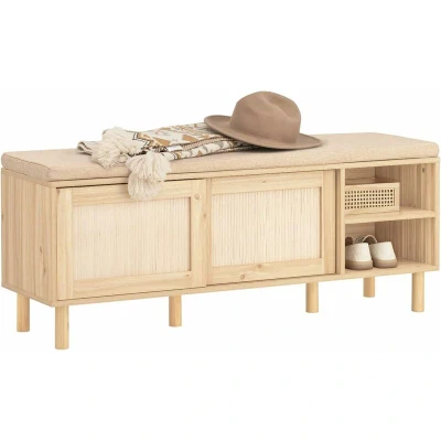 Image of SoBuy FSR163 N, Hallway Storage Bench Shoe Rack Cabinet with 2 Sliding Doors and Seat Cushion, W121 x D35 H49cm
