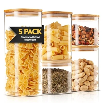 Image of Wrenbury Glass Containers with Wooden Lids Airtight Set of 5 Spaghetti Storage Jar for Kitchen Borosilicate Pasta Jars 1000ml 600ml 1800ml