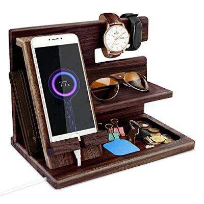 Image of Gifts for Men Christmas Bedside Organiser Birthday Him Wood Phone Docking Station Key Holder Wallet Watch Stand Mens Fathers Day Xmas Presents Dad Husband Boyfriend