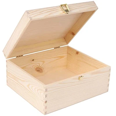 Image of Creative Deco Wooden Storage Box Unpainted Plain 29x25x14cm Golden Latch with Hinged Lid Large Easter Gift Storing Valuables Shoes Tools Kitchen Wood Keepsake Memory Chest
