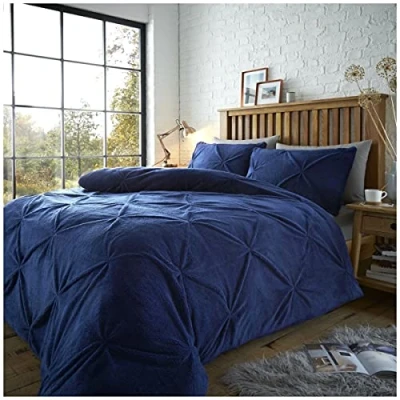Image of Premium Pintuck Duvet Cover, Fluffy Pinch Pleated Bedding Set Double, Thermal Warm Cosy Teddy Set, Navy