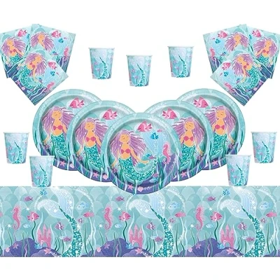 Image of Mermaid Party Supplies Birthday Tableware Kit for 16 Guests Magical Plates Cups Napkins Table Cover