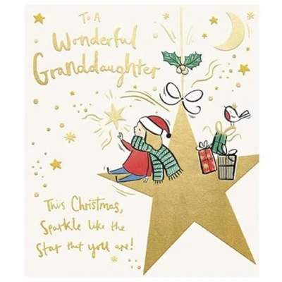 Image of Paperlink Wonderful Granddaughter Christmas Card Little Girl and Robin on Hanging Star with Foil Embossed Details Eco Friendly Recyclable, 230 x 150mm