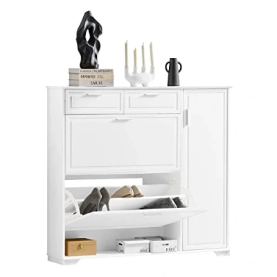 Image of SoBuy FSR104 W, Hallway Shoe Cabinet Rack Storage Cupboard Organizer Unit with Drawers and Door