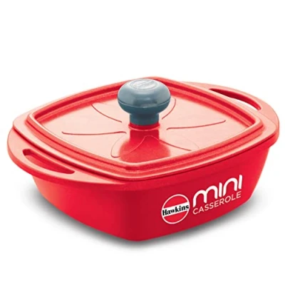 Image of Hawkins 0.75 Litre Mini Casserole with Lid, Square Series Die Cast pan for Cooking, Reheating, Serving and Storing, (Red)
