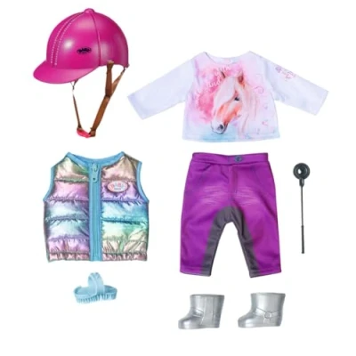 Image of BABY born Deluxe Riding Outfit 836194 with T Shirt, Gilet, Trousers, and Boots for 43cm Dolls Includes Helmet, Crop, Comb Suitable Children from 3 Years Old