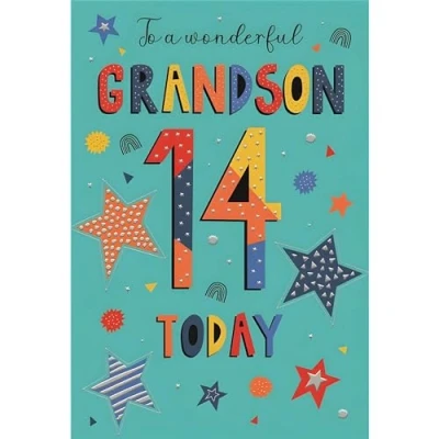 Image of Grandson 14th Birthday Card Wonderful Age 14 Stars and Rainbows Special Finishes Made in the UK