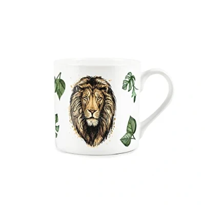 Image of Purely Home Majestic Lion &amp; Exotic Jungle Leaves Fine Bone China White Mug Coffee/Tea Present Gift for Animal Lovers