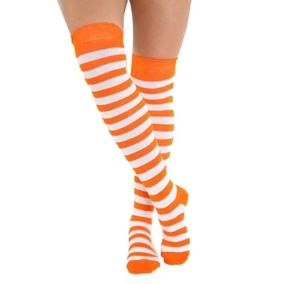 Image of Crazy Chick New Ladies Girls Stripe Stripy Striped Over The Knee Thigh High Long Socks Assorted Colours UK Size 4 6 (Orange &amp; White)