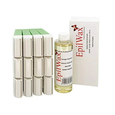 Image of EPILWAX Restocking kit with: 12 Roll on cartridges with Aloe Vera, 1 pack of 100 non woven strips for depilation, and bottle 250 ml neutral after depilation oil (Aloe Vera series)
