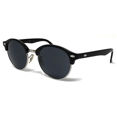 Image of WS UK Round Lens Half Rim Sunglasses with UV400 Protection Unisex (Black Frame Black Lens)