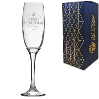 Image of Personalised Engraved Novelty Christmas Prosecco Champagne Flute with Merry Tree Design, Customise Any Name or Message, Gift Box Included, Laser