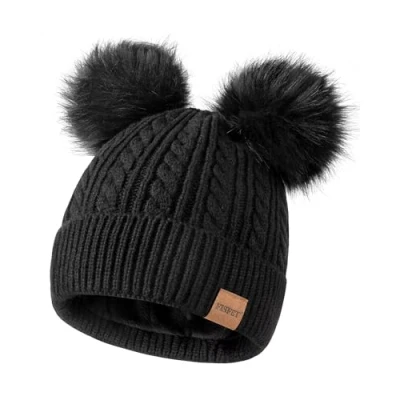 Image of FISFET Beanie Hats for Women with Double Pom Pom, Bobble Hat Cold Weather Warm Cable Knit Fleece Lined, Winter Daily Use(Black)