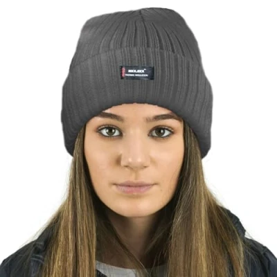Image of RockJock Ladies Womens Warm Winter Lined Beanie Hat with R40 Thermal Insulation Grey
