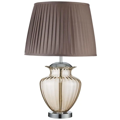 Image of Elina 1 Light Table Lamp Chrome, Amber and Glass with Brown Pleated Shade, E27