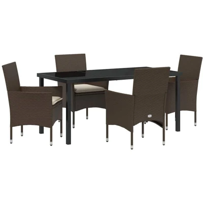 Image of vidaXL 5 Piece Garden Dining Set with Cushions Brown Poly Rattan