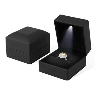 Image of Rolin Roly 2PCSBlack Ring Box with LED Light Square Jewelry Case Jewellry Display Gift Boxes for Proposal Wedding Ceremony Engagement Anniversary (Black)