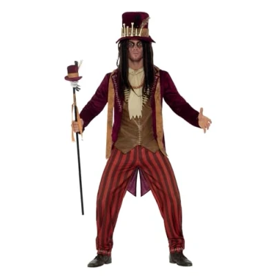 Image of Smiffys Deluxe Voodoo Witch Doctor Costume, Red with Trousers, Jacket, Waistcoat, Necklaces &amp; Hat, Halloween Adult Fancy Dress, Woman Dress Up Costumes