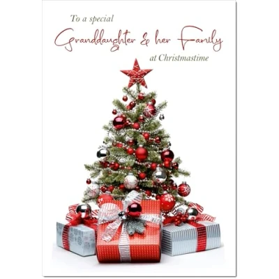 Image of doodlecards Granddaughter &amp; Family Christmas Card Parcels and Tree Medium Size with Plain Envelope