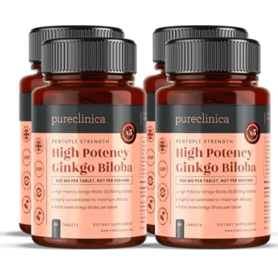Image of Pureclinica High Potency Ginkgo Biloba 30,000mg x 360 Tablets (4 Bottles of 90) 12 Months Supply 5 Times The Strength Competitor Products