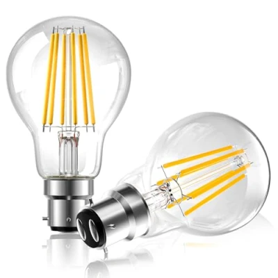 Image of Lustaled BC3 3 Pin Light Bulb, Energy Saving Bulbs, 8W A60 LED Filament Bulb Warm White 3000K, 75W Equivalent Vintage Clear Glass Globe 3Pin Bayonet Non Dimmable, 2 Pack