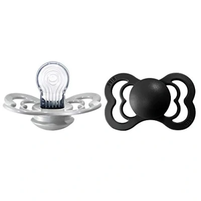 Image of BIBS Supreme Soother 2 Pack, BPA Free Dummy Pacifier, Symmetrical Nipple. Silicone, Size (6 18 Months), Cloud/Black