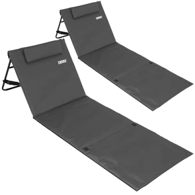 Image of Detex® 2x Folding Beach Lounger With Adjustable Backrest Lightly Padded Foldable Sun Bed Side Pocket Cushion Shoulder Strap Weatherproof Mat Anthracite Grey