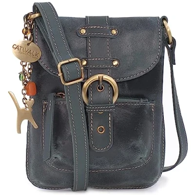 Image of Catwalk Collection Handbags Ladies Small Cross Body Bag Messenger Distressed Leather Adjustable Shoulder Strap JOLENE Green