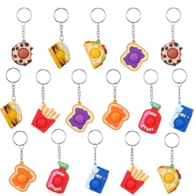 Image of 16 Pcs Fidget Keyring, Silicone Pop it keychain, Hamburger Stress and Anxiety Relieving Tabletop Sensory Toy for Children Adults with ADHD, OCD, Autism